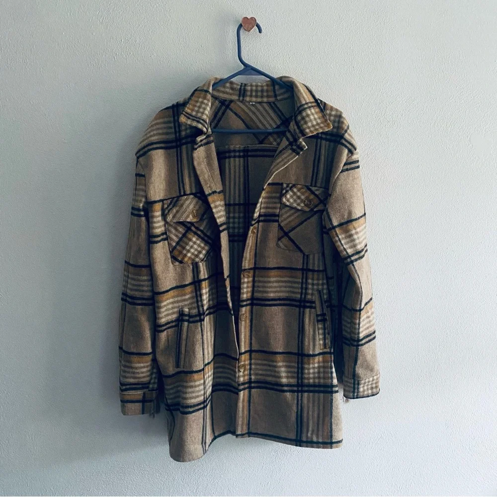 Boutique tan fringe flannel long line shacket